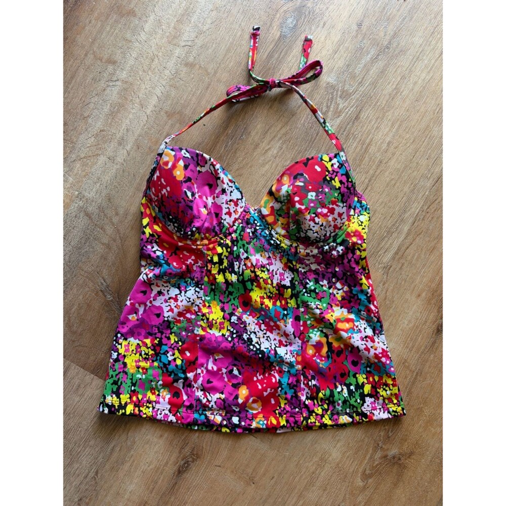 Colorful Abstract Floral Bustier Halter Swim Top 34B